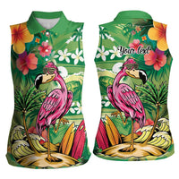 Hawaiian Flamingo Hibiscus Personalised Women Sleeveless Polo Shirt Green Summer Tropical Flowers - Polynesian Pride