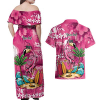 Hawaiian Flamingo Hibiscus Personalised Couples Matching Off Shoulder Maxi Dress and Hawaiian Shirt Pink Summer Tropical Flowers - Polynesian Pride