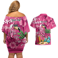 Hawaiian Flamingo Hibiscus Personalised Couples Matching Off Shoulder Short Dress and Hawaiian Shirt Pink Summer Tropical Flowers - Polynesian Pride