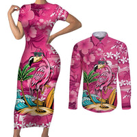Hawaiian Flamingo Hibiscus Personalised Couples Matching Short Sleeve Bodycon Dress and Long Sleeve Button Shirt Pink Summer Tropical Flowers - Polynesian Pride