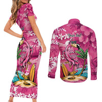 Hawaiian Flamingo Hibiscus Personalised Couples Matching Short Sleeve Bodycon Dress and Long Sleeve Button Shirt Pink Summer Tropical Flowers - Polynesian Pride
