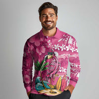 Hawaiian Flamingo Hibiscus Personalised Long Sleeve Polo Shirt Pink Summer Tropical Flowers - Polynesian Pride