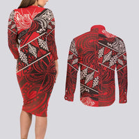 Vintage Ngatu Tribal Tonga Pattern Couples Matching Long Sleeve Bodycon Dress and Long Sleeve Button Shirt - Polynesian Pride
