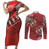 Vintage Ngatu Tribal Tonga Pattern Couples Matching Short Sleeve Bodycon Dress and Long Sleeve Button Shirt - Polynesian Pride