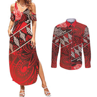 Vintage Ngatu Tribal Tonga Pattern Couples Matching Summer Maxi Dress and Long Sleeve Button Shirt - Polynesian Pride