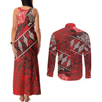 Vintage Ngatu Tribal Tonga Pattern Couples Matching Tank Maxi Dress and Long Sleeve Button Shirt - Polynesian Pride