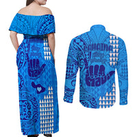 Strong Maui Couples Matching Off Shoulder Maxi Dress and Long Sleeve Button Shirts Good Living Hawaii with Shaka Sign Kakau Tribal Blue LT9 - Polynesian Pride