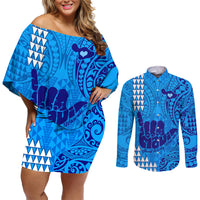 Strong Maui Couples Matching Off Shoulder Short Dress and Long Sleeve Button Shirts Good Living Hawaii with Shaka Sign Kakau Tribal Blue LT9 Blue - Polynesian Pride