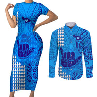 Strong Maui Couples Matching Short Sleeve Bodycon Dress and Long Sleeve Button Shirts Good Living Hawaii with Shaka Sign Kakau Tribal Blue LT9 Blue - Polynesian Pride