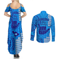 Strong Maui Couples Matching Summer Maxi Dress and Long Sleeve Button Shirts Good Living Hawaii with Shaka Sign Kakau Tribal Blue LT9 - Polynesian Pride