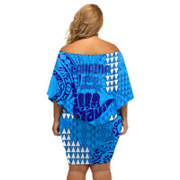 Strong Maui Off Shoulder Short Dress Good Living Hawaii with Shaka Sign Kakau Tribal Blue LT9 - Polynesian Pride