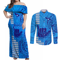 Personalised Strong Maui Couples Matching Off Shoulder Maxi Dress and Long Sleeve Button Shirts Good Living Hawaii with Shaka Sign Kakau Tribal Blue LT9 Blue - Polynesian Pride