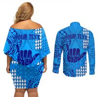 Personalised Strong Maui Couples Matching Off Shoulder Short Dress and Long Sleeve Button Shirts Good Living Hawaii with Shaka Sign Kakau Tribal Blue LT9 - Polynesian Pride