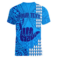 Personalised Strong Maui Women V Neck T Shirt Good Living Hawaii with Shaka Sign Kakau Tribal Blue LT9 - Polynesian Pride