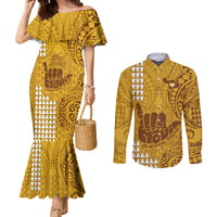 Strong Maui Couples Matching Mermaid Dress and Long Sleeve Button Shirts Good Living Hawaii with Shaka Sign Kakau Tribal Gold LT9 Gold - Polynesian Pride