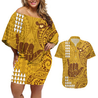 Strong Maui Couples Matching Off Shoulder Short Dress and Hawaiian Shirt Good Living Hawaii with Shaka Sign Kakau Tribal Gold LT9 Gold - Polynesian Pride