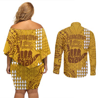Strong Maui Couples Matching Off Shoulder Short Dress and Long Sleeve Button Shirts Good Living Hawaii with Shaka Sign Kakau Tribal Gold LT9 - Polynesian Pride