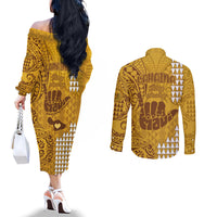 Strong Maui Couples Matching Off The Shoulder Long Sleeve Dress and Long Sleeve Button Shirts Good Living Hawaii with Shaka Sign Kakau Tribal Gold LT9 - Polynesian Pride