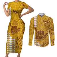 Strong Maui Couples Matching Short Sleeve Bodycon Dress and Long Sleeve Button Shirts Good Living Hawaii with Shaka Sign Kakau Tribal Gold LT9 Gold - Polynesian Pride