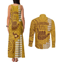 Strong Maui Couples Matching Tank Maxi Dress and Long Sleeve Button Shirts Good Living Hawaii with Shaka Sign Kakau Tribal Gold LT9 - Polynesian Pride