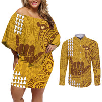 Personalised Strong Maui Couples Matching Off Shoulder Short Dress and Long Sleeve Button Shirts Good Living Hawaii with Shaka Sign Kakau Tribal Gold LT9 Gold - Polynesian Pride