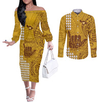 Personalised Strong Maui Couples Matching Off The Shoulder Long Sleeve Dress and Long Sleeve Button Shirts Good Living Hawaii with Shaka Sign Kakau Tribal Gold LT9 Gold - Polynesian Pride