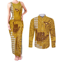 Personalised Strong Maui Couples Matching Tank Maxi Dress and Long Sleeve Button Shirts Good Living Hawaii with Shaka Sign Kakau Tribal Gold LT9 Gold - Polynesian Pride