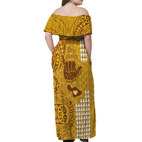 Personalised Strong Maui Off Shoulder Maxi Dress Good Living Hawaii with Shaka Sign Kakau Tribal Gold LT9 - Polynesian Pride