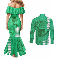 Strong Maui Couples Matching Mermaid Dress and Long Sleeve Button Shirts Good Living Hawaii with Shaka Sign Kakau Tribal Green LT9 - Polynesian Pride