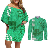 Strong Maui Couples Matching Off Shoulder Short Dress and Long Sleeve Button Shirts Good Living Hawaii with Shaka Sign Kakau Tribal Green LT9 Green - Polynesian Pride