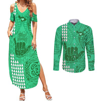 Strong Maui Couples Matching Summer Maxi Dress and Long Sleeve Button Shirts Good Living Hawaii with Shaka Sign Kakau Tribal Green LT9 Green - Polynesian Pride