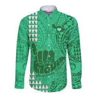 Personalised Strong Maui Long Sleeve Button Shirt Good Living Hawaii with Shaka Sign Kakau Tribal Green LT9 Unisex Green - Polynesian Pride