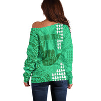 Personalised Strong Maui Off Shoulder Sweater Good Living Hawaii with Shaka Sign Kakau Tribal Green LT9 - Polynesian Pride