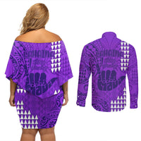 Strong Maui Couples Matching Off Shoulder Short Dress and Long Sleeve Button Shirts Good Living Hawaii with Shaka Sign Kakau Tribal Purple LT9 - Polynesian Pride