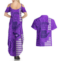 Strong Maui Couples Matching Summer Maxi Dress and Hawaiian Shirt Good Living Hawaii with Shaka Sign Kakau Tribal Purple LT9 - Polynesian Pride