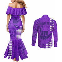 Personalised Strong Maui Couples Matching Mermaid Dress and Long Sleeve Button Shirts Good Living Hawaii with Shaka Sign Kakau Tribal Purple LT9 - Polynesian Pride