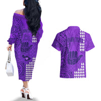 Personalised Strong Maui Couples Matching Off The Shoulder Long Sleeve Dress and Hawaiian Shirt Good Living Hawaii with Shaka Sign Kakau Tribal Purple LT9 - Polynesian Pride