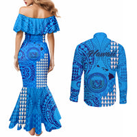 Maui Island Couples Matching Mermaid Dress and Long Sleeve Button Shirts Kakau Tribal Mixed Polynesian Pattern Blue LT9 - Polynesian Pride