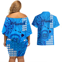 Maui Island Couples Matching Off Shoulder Short Dress and Hawaiian Shirt Kakau Tribal Mixed Polynesian Pattern Blue LT9 - Polynesian Pride