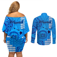 Maui Island Couples Matching Off Shoulder Short Dress and Long Sleeve Button Shirts Kakau Tribal Mixed Polynesian Pattern Blue LT9 - Polynesian Pride
