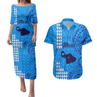 Maui Island Couples Matching Puletasi Dress and Hawaiian Shirt Kakau Tribal Mixed Polynesian Pattern Blue LT9 Blue - Polynesian Pride