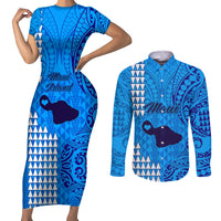 Maui Island Couples Matching Short Sleeve Bodycon Dress and Long Sleeve Button Shirts Kakau Tribal Mixed Polynesian Pattern Blue LT9 Blue - Polynesian Pride