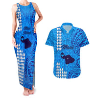 Maui Island Couples Matching Tank Maxi Dress and Hawaiian Shirt Kakau Tribal Mixed Polynesian Pattern Blue LT9 Blue - Polynesian Pride