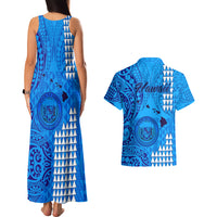 Maui Island Couples Matching Tank Maxi Dress and Hawaiian Shirt Kakau Tribal Mixed Polynesian Pattern Blue LT9 - Polynesian Pride
