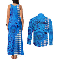 Maui Island Couples Matching Tank Maxi Dress and Long Sleeve Button Shirts Kakau Tribal Mixed Polynesian Pattern Blue LT9 - Polynesian Pride