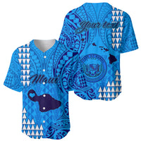 Personalised Maui Island Baseball Jersey Kakau Tribal Mixed Polynesian Pattern Blue LT9 - Polynesian Pride