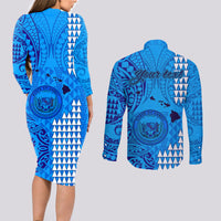 Personalised Maui Island Couples Matching Long Sleeve Bodycon Dress and Long Sleeve Button Shirts Kakau Tribal Mixed Polynesian Pattern Blue LT9 - Polynesian Pride