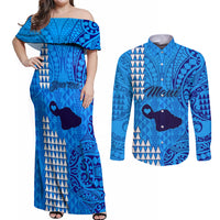 Personalised Maui Island Couples Matching Off Shoulder Maxi Dress and Long Sleeve Button Shirts Kakau Tribal Mixed Polynesian Pattern Blue LT9 Blue - Polynesian Pride