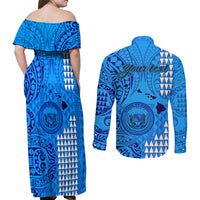 Personalised Maui Island Couples Matching Off Shoulder Maxi Dress and Long Sleeve Button Shirts Kakau Tribal Mixed Polynesian Pattern Blue LT9 - Polynesian Pride