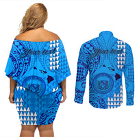 Personalised Maui Island Couples Matching Off Shoulder Short Dress and Long Sleeve Button Shirts Kakau Tribal Mixed Polynesian Pattern Blue LT9 - Polynesian Pride